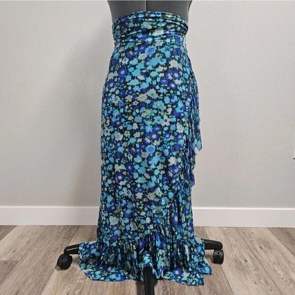Ganni Floral Wrap Midi Skirt Asymmetrical Ruffle  Blue Green Women's 32 Medium - Picture 6 of 13